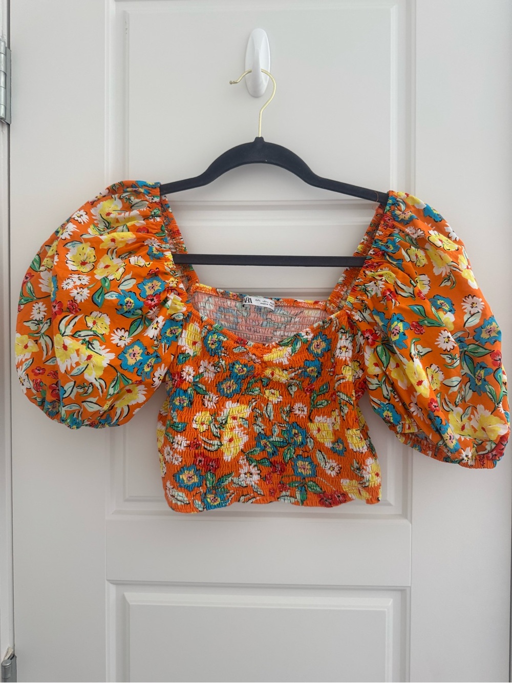 Zara Orange Floral Puff-Sleeve Smocked Crop Top